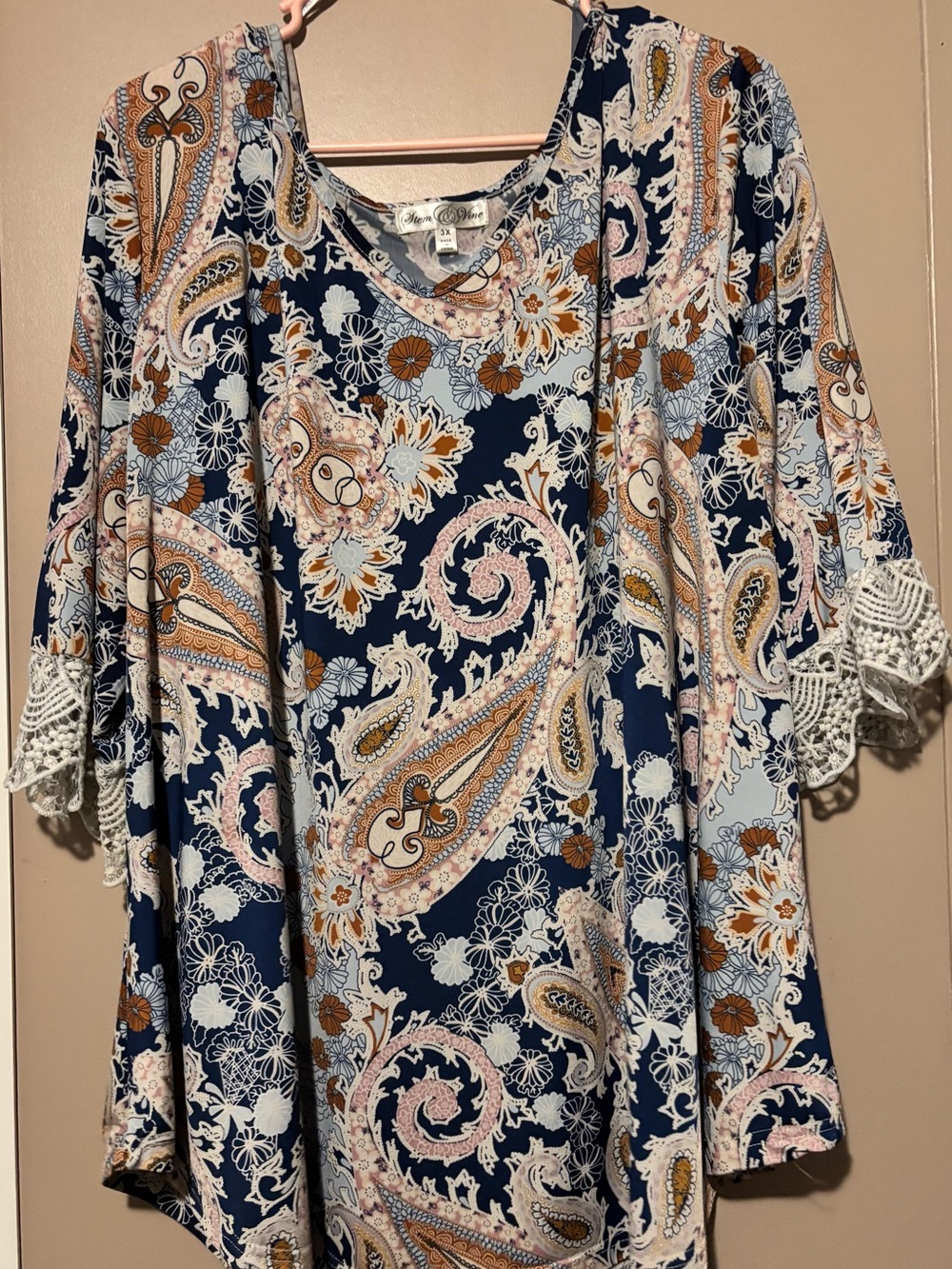 Crochet-Sleeve Paisley Women's Top - Navy, Cream & Pink